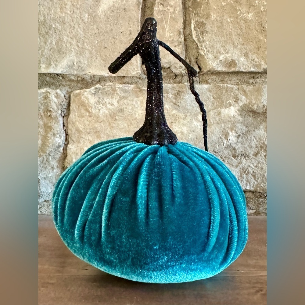 New Halloween Teal Blue Velvet Plush Pumpkin Decor w/ Glitter Stem - 4” x 5”